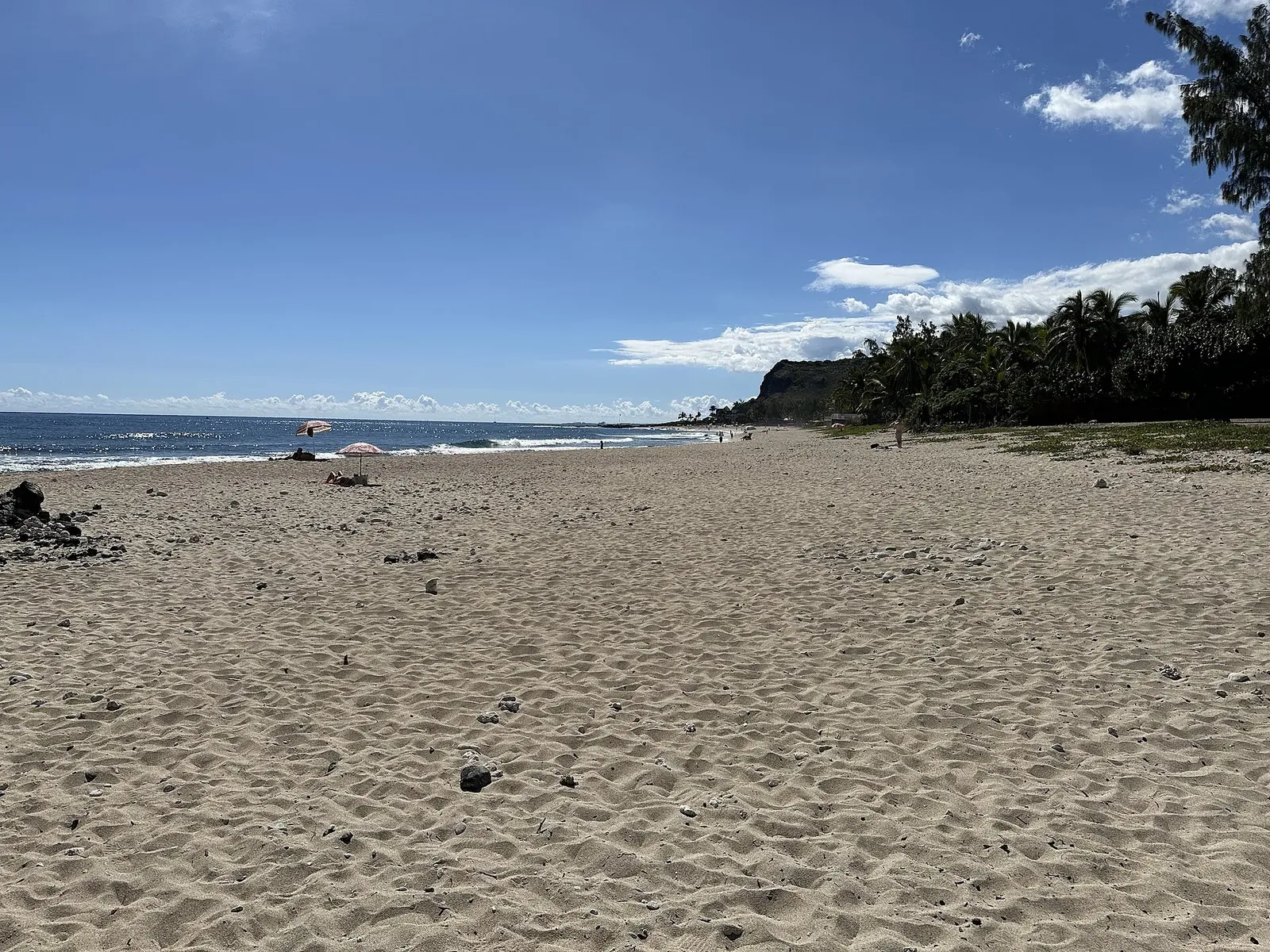 Vaste plage de sable clair bordée de palmiers, avec l'océan bleu, quelques parasols et une falaise au loin sous un ciel dégagé